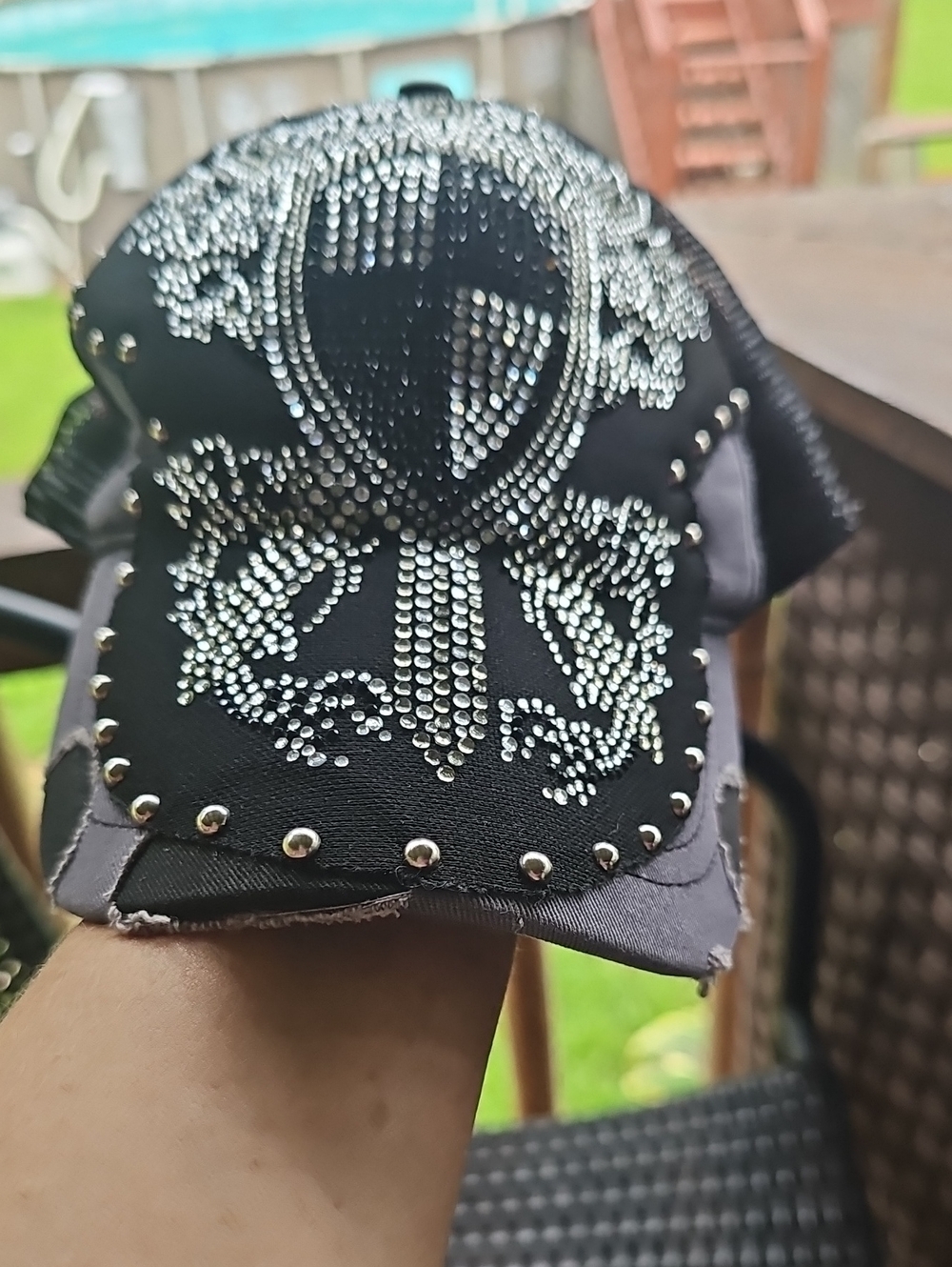 Black Studded Crystal Skull Baseball Cap